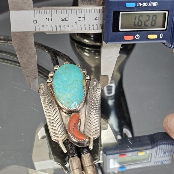 Navajo Turquoise And Coral Sterling Silver Bolo Tie Signed. USA Native American - Picture 12 of 15